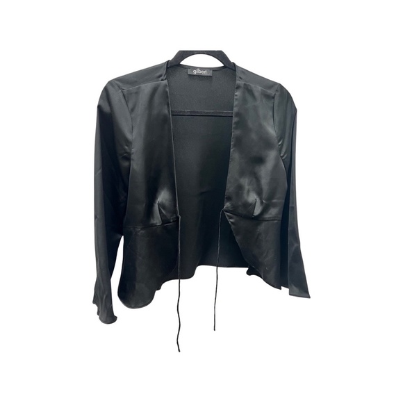 BLACK SATIN TIE LONG SLEEVE TOP - Picture 1 of 7